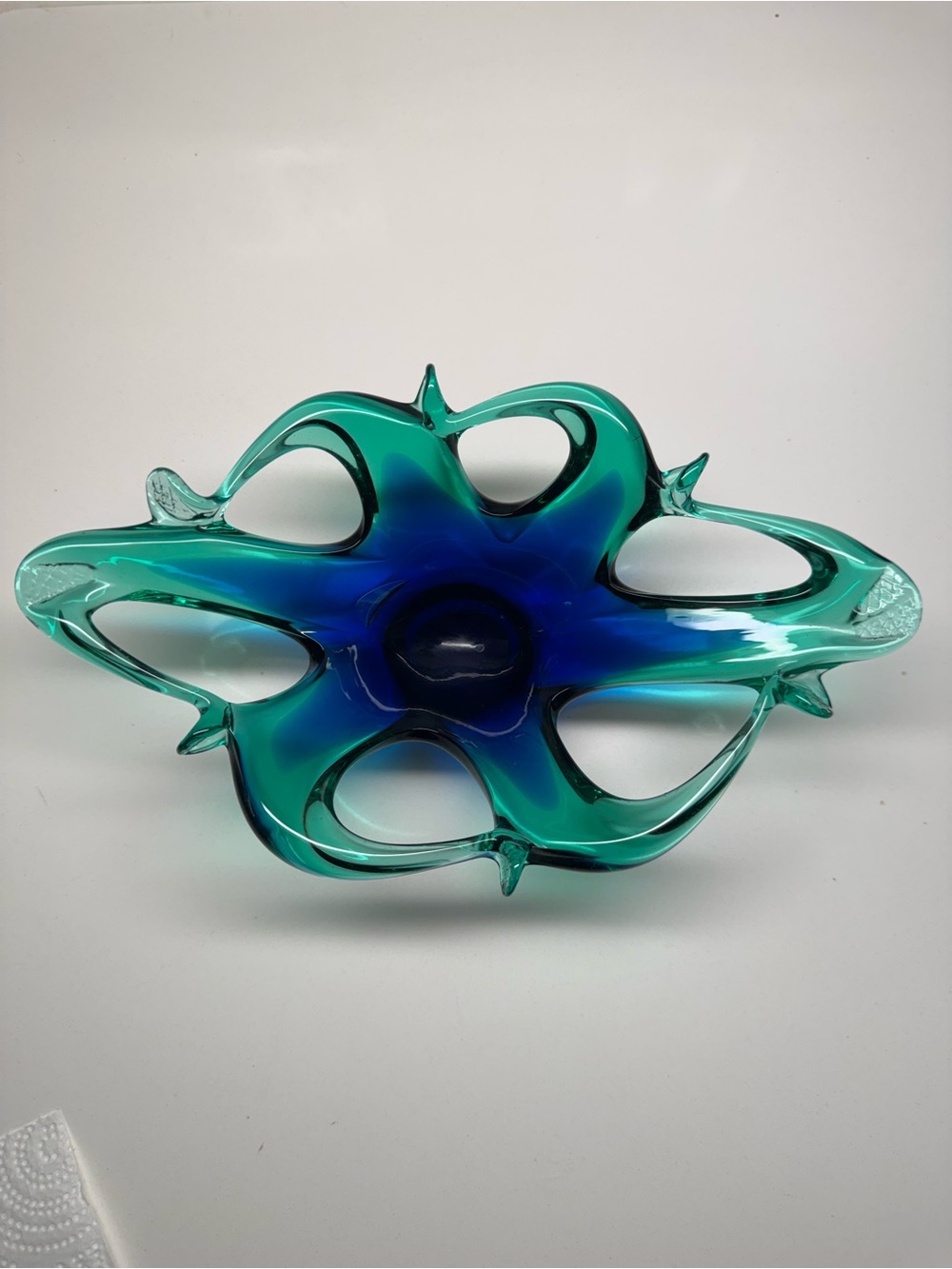 Mid-Century Murano Style Blown Glass Centerpiece – Blue/Green Biomorphic Ruffled